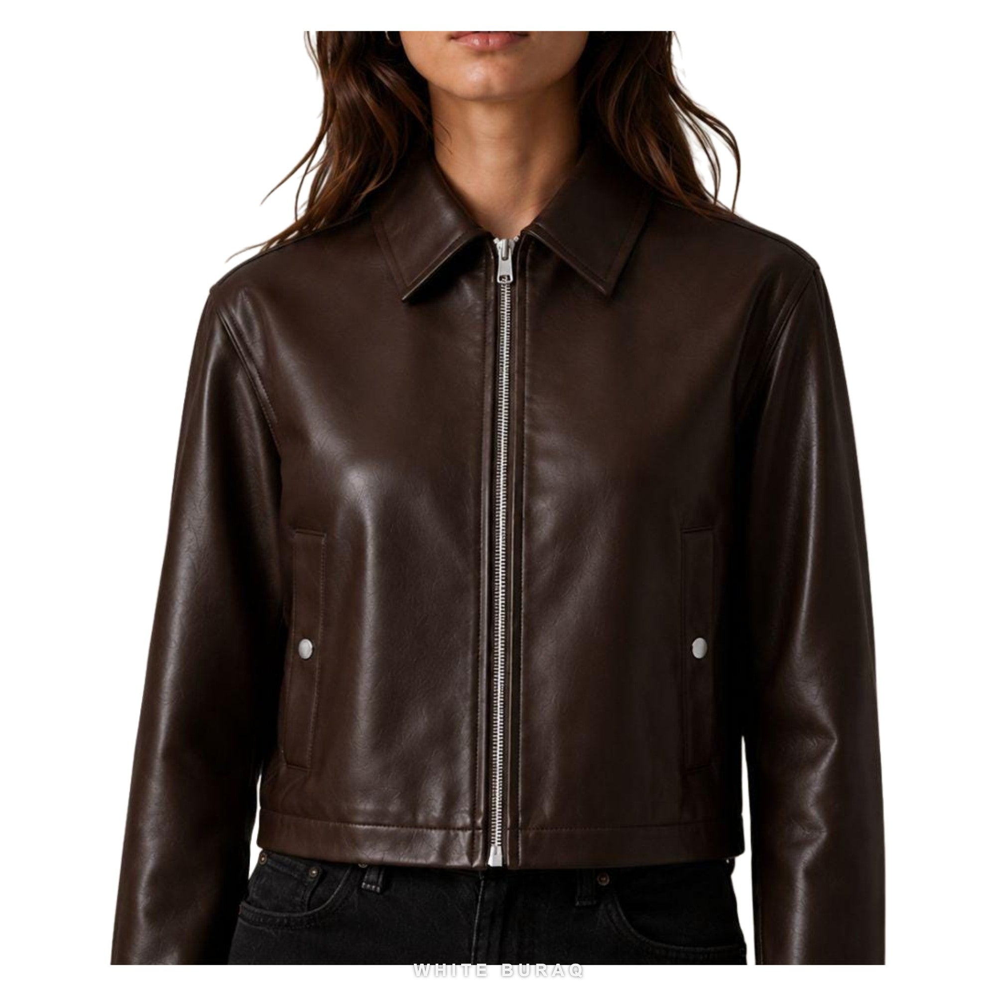Women's Dark Brown Sheepskin Cropped Cafe Racer Jacket – view 7