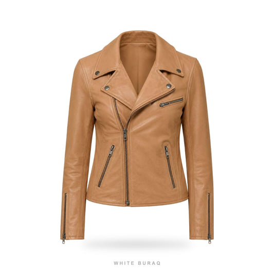 Women's Tan Leather Biker Jacket