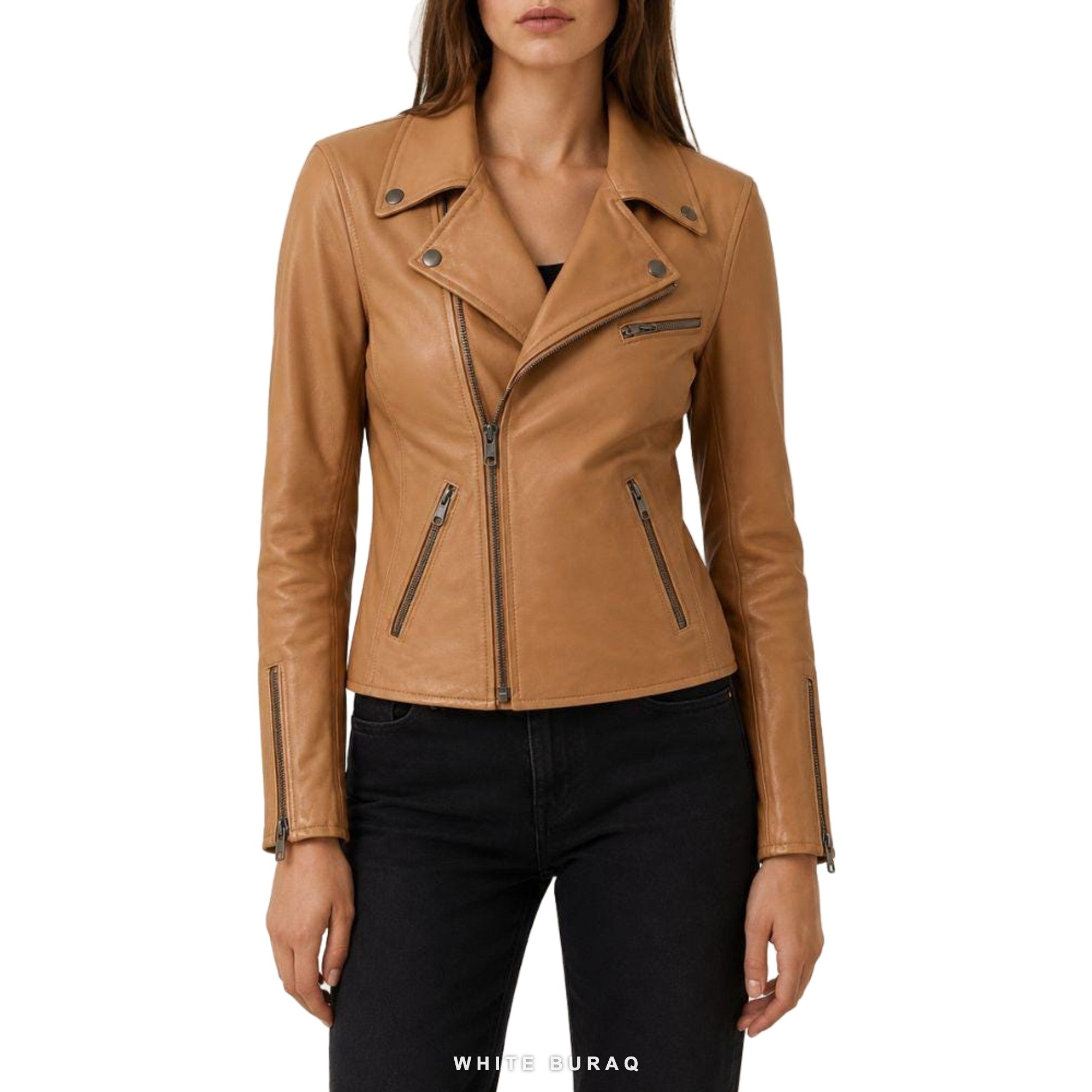 Women's Tan Leather Biker Jacket – view 4