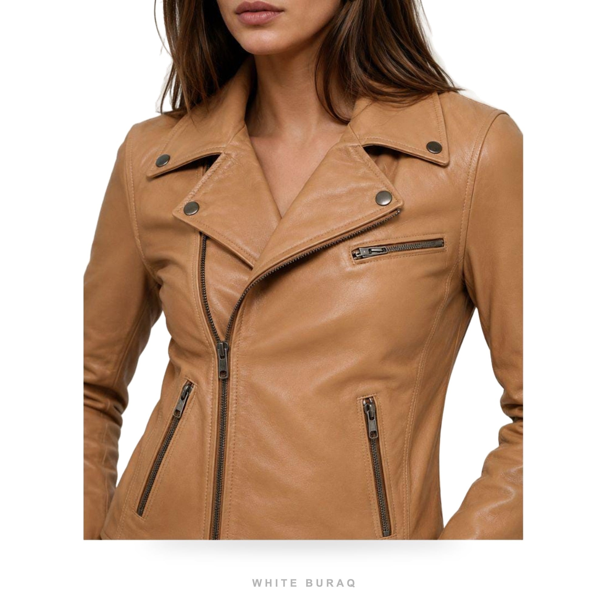 Women's Tan Leather Biker Jacket – view 5