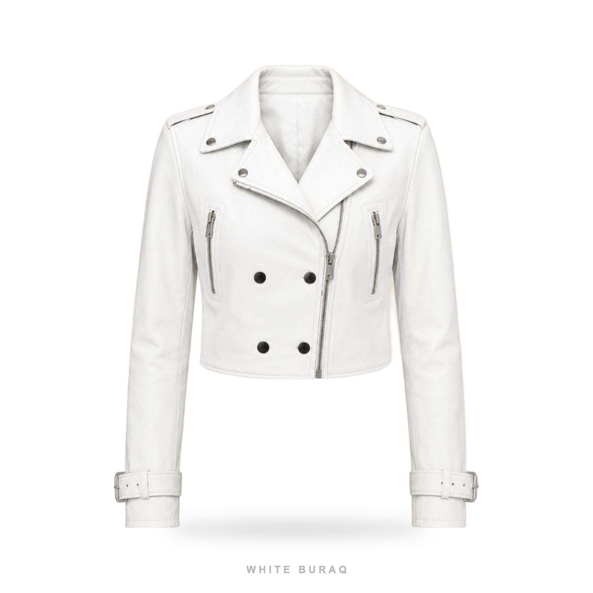 Women's White Cropped Leather Biker Jacket