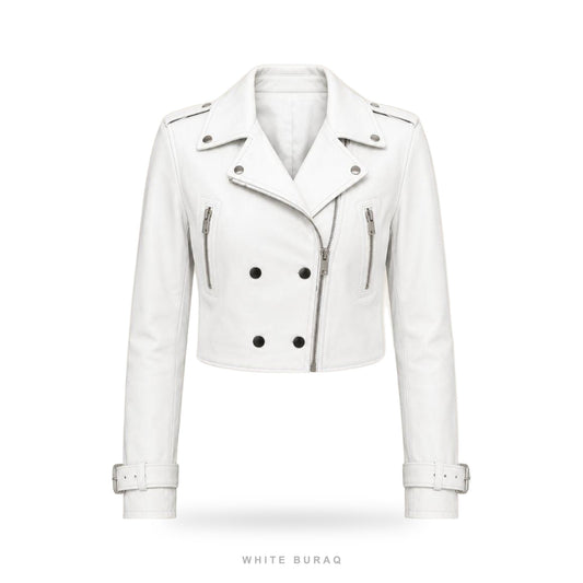 Women's White Cropped Leather Biker Jacket