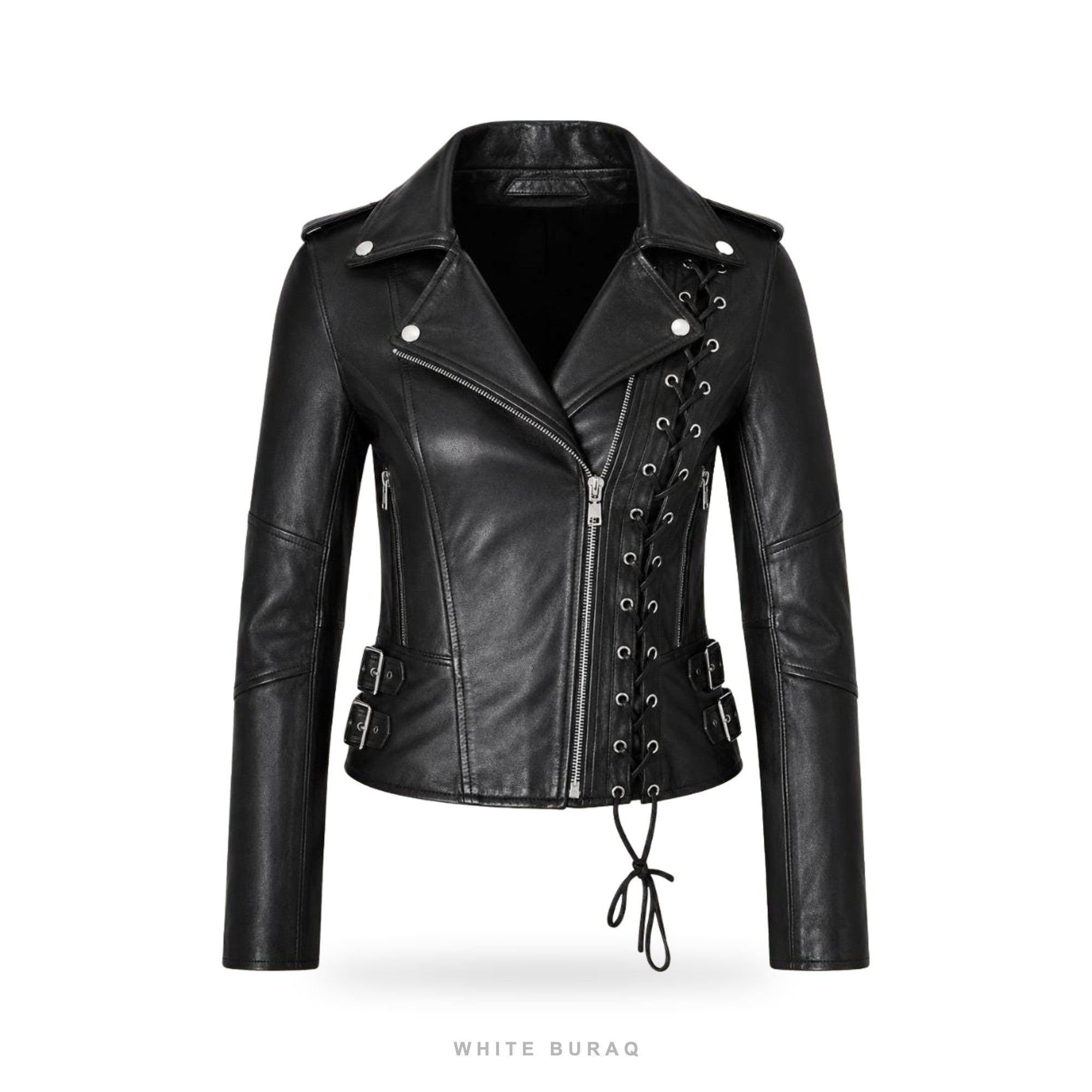 Women's Black Lace-Up Leather Biker Jacket