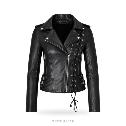 Women's Black Lace-Up Leather Biker Jacket