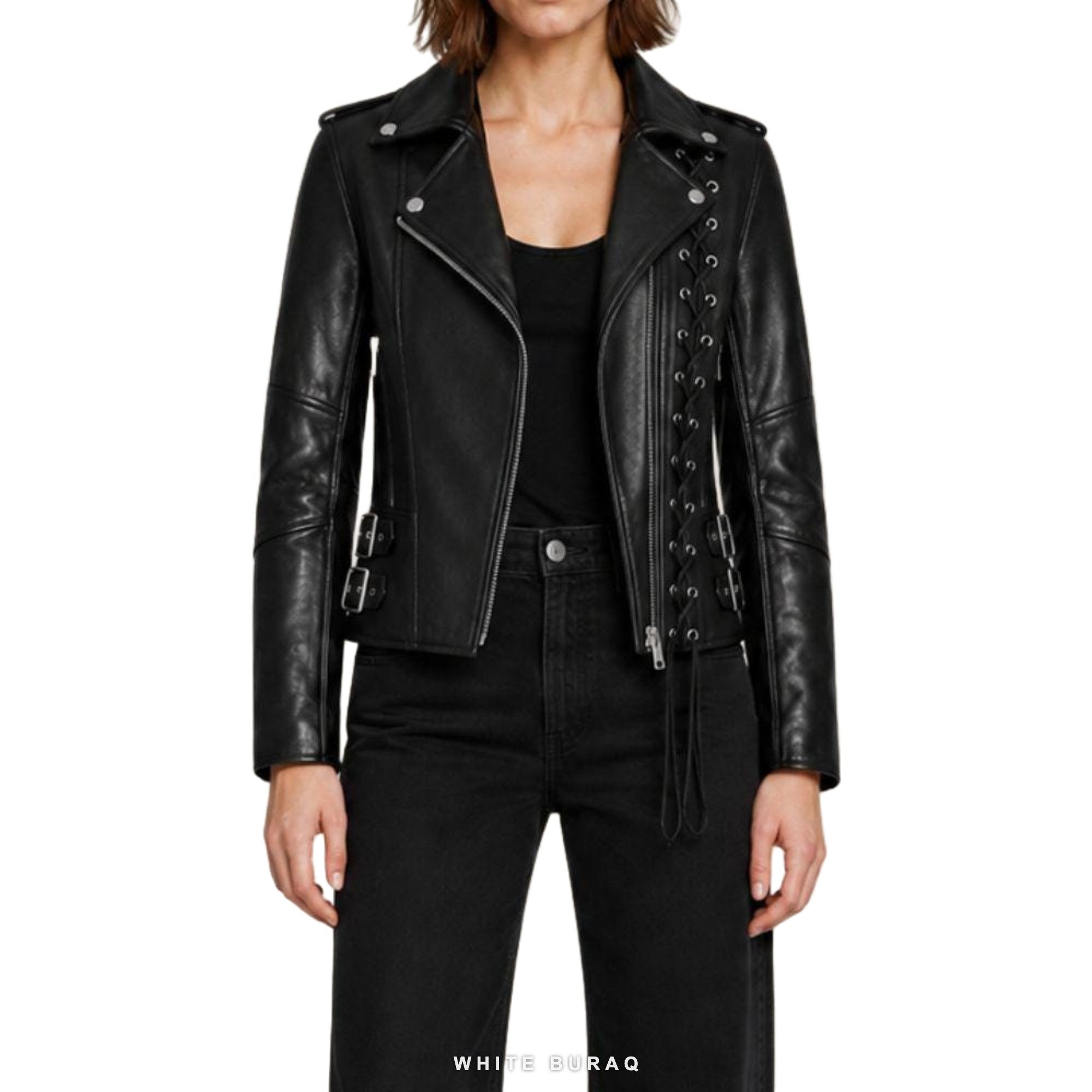 Women's Black Lace-Up Leather Biker Jacket – view 4