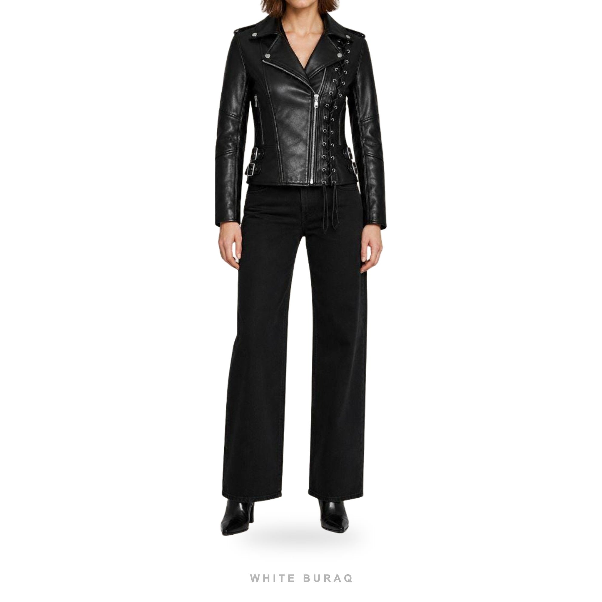 Women's Black Lace-Up Leather Biker Jacket – view 5