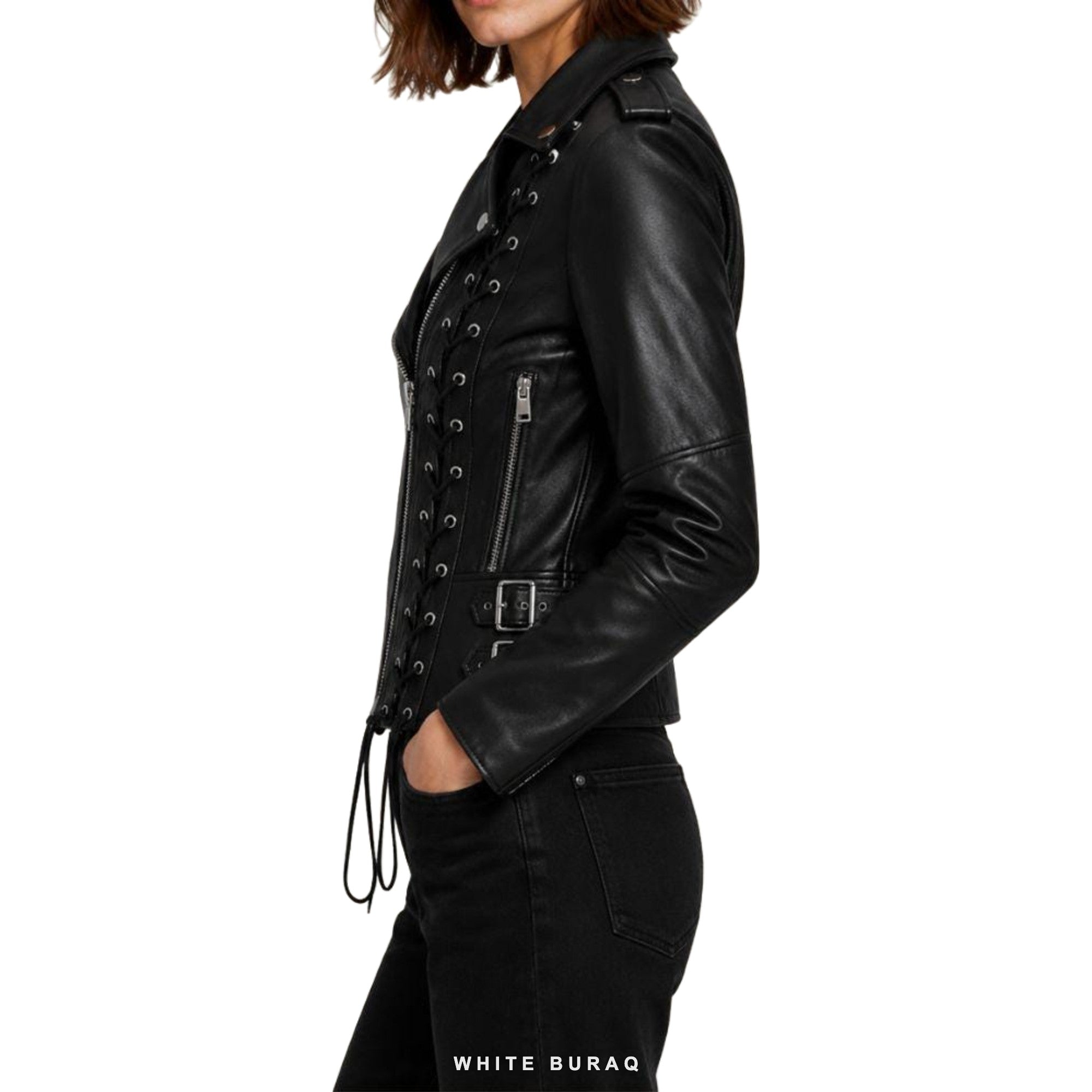 Women's Black Lace-Up Leather Biker Jacket – view 7