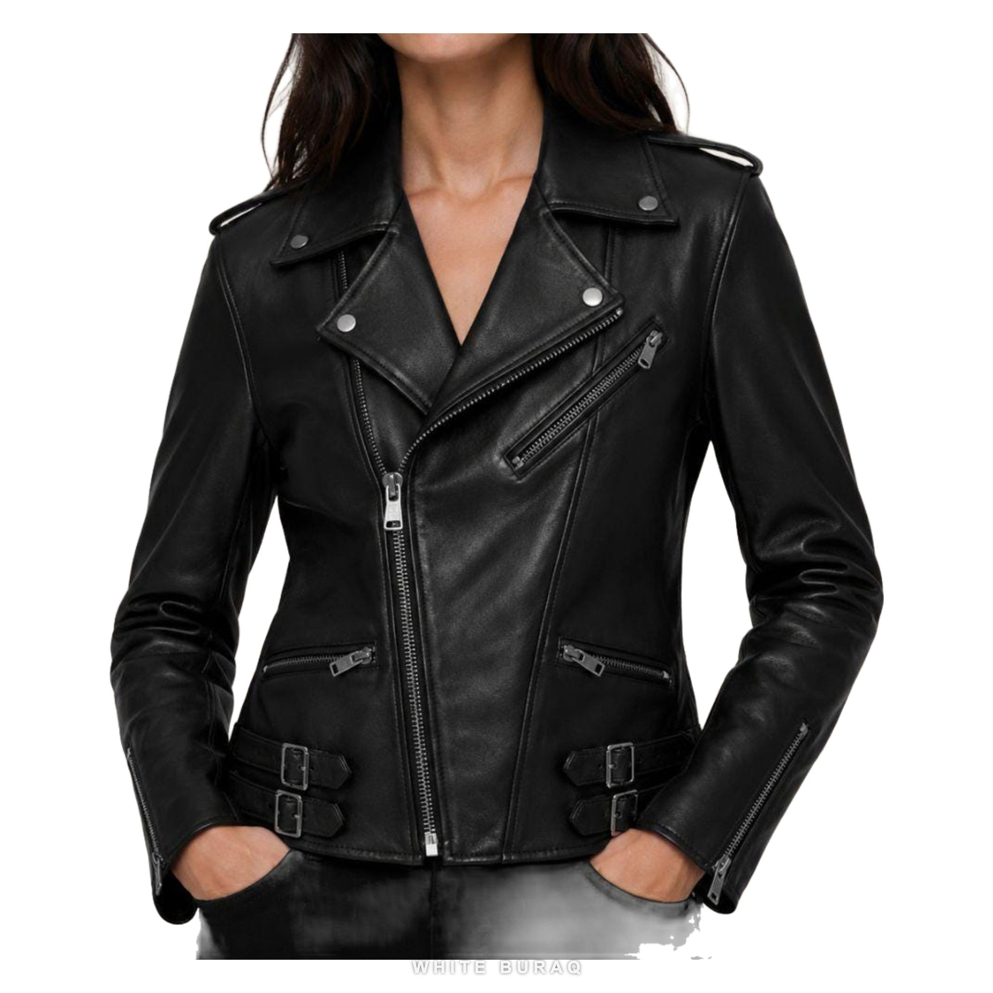 Women's Black Sheepskin Asymmetric Biker Jacket – view 3