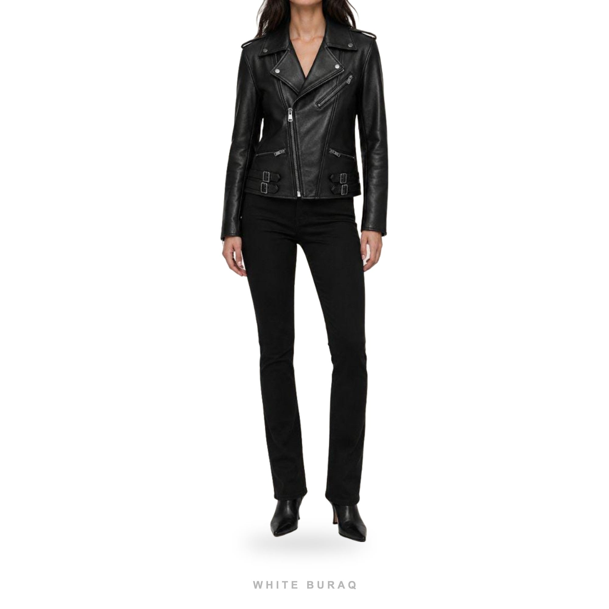 Women's Black Sheepskin Asymmetric Biker Jacket – view 5