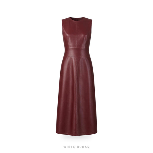 Women's Burgundy Leather Sleeveless A-Line Maxi Dress
