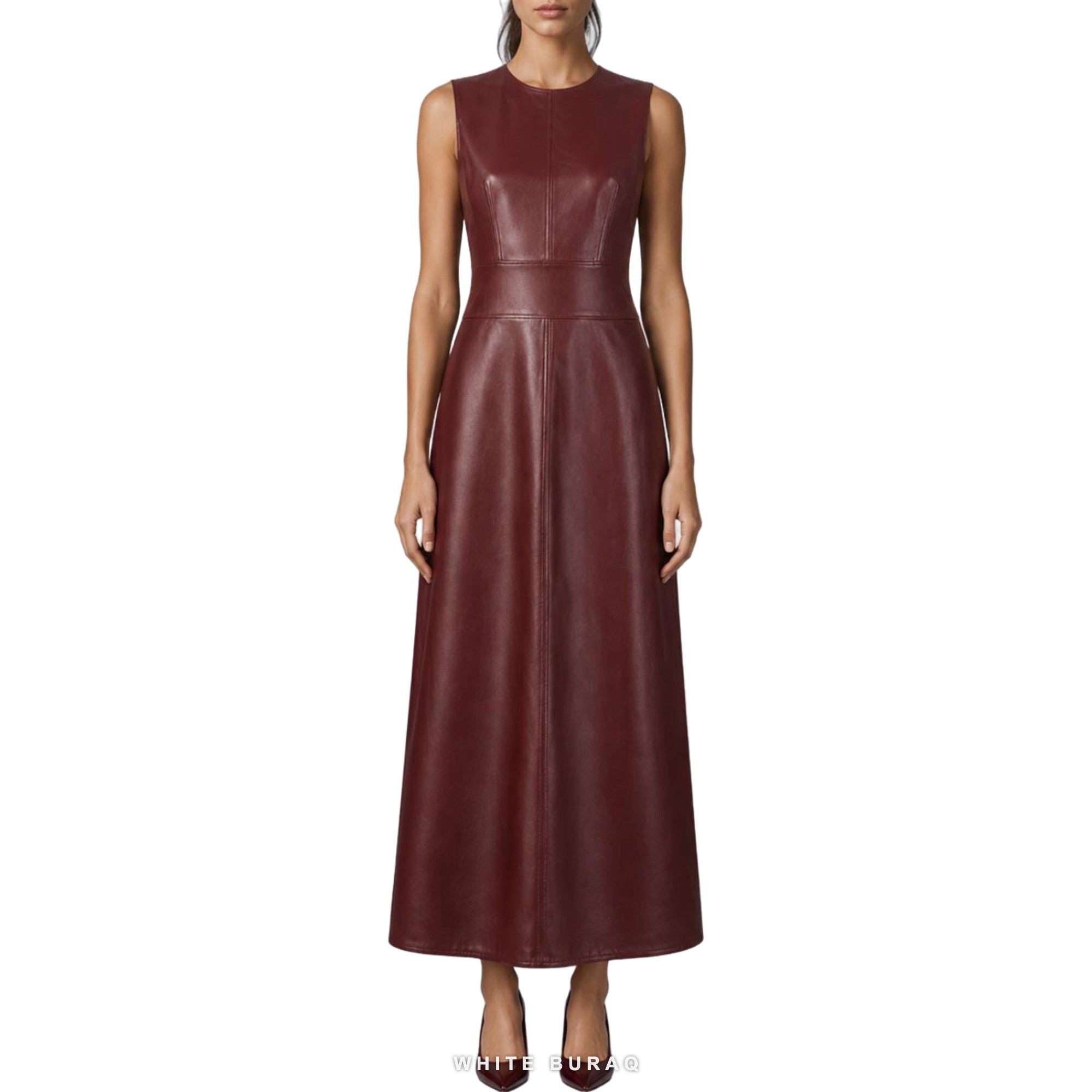 Women's Burgundy Leather Sleeveless A-Line Maxi Dress – view 2