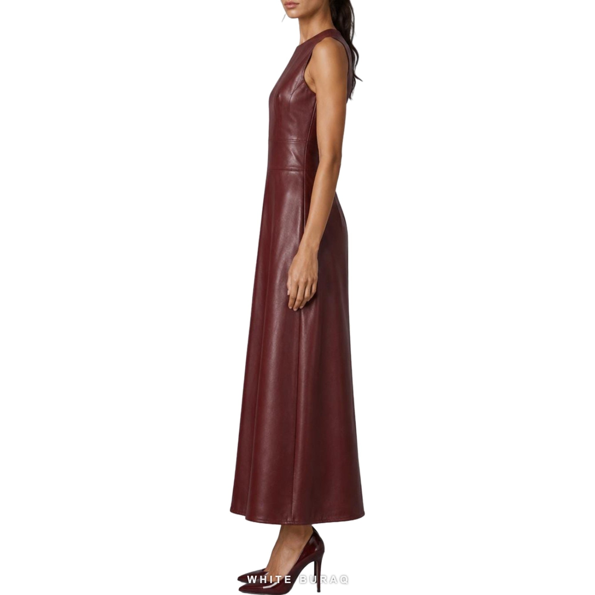 Women's Burgundy Leather Sleeveless A-Line Maxi Dress – view 5