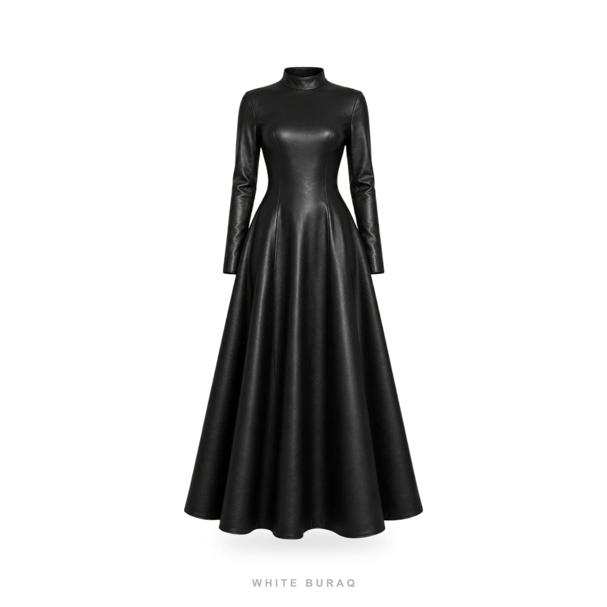 Women's Black Leather High-Neck Flared Maxi Gown