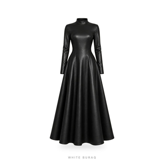 Women's Black Leather High-Neck Flared Maxi Gown