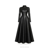 Women's Black Leather High-Neck Flared Maxi Gown