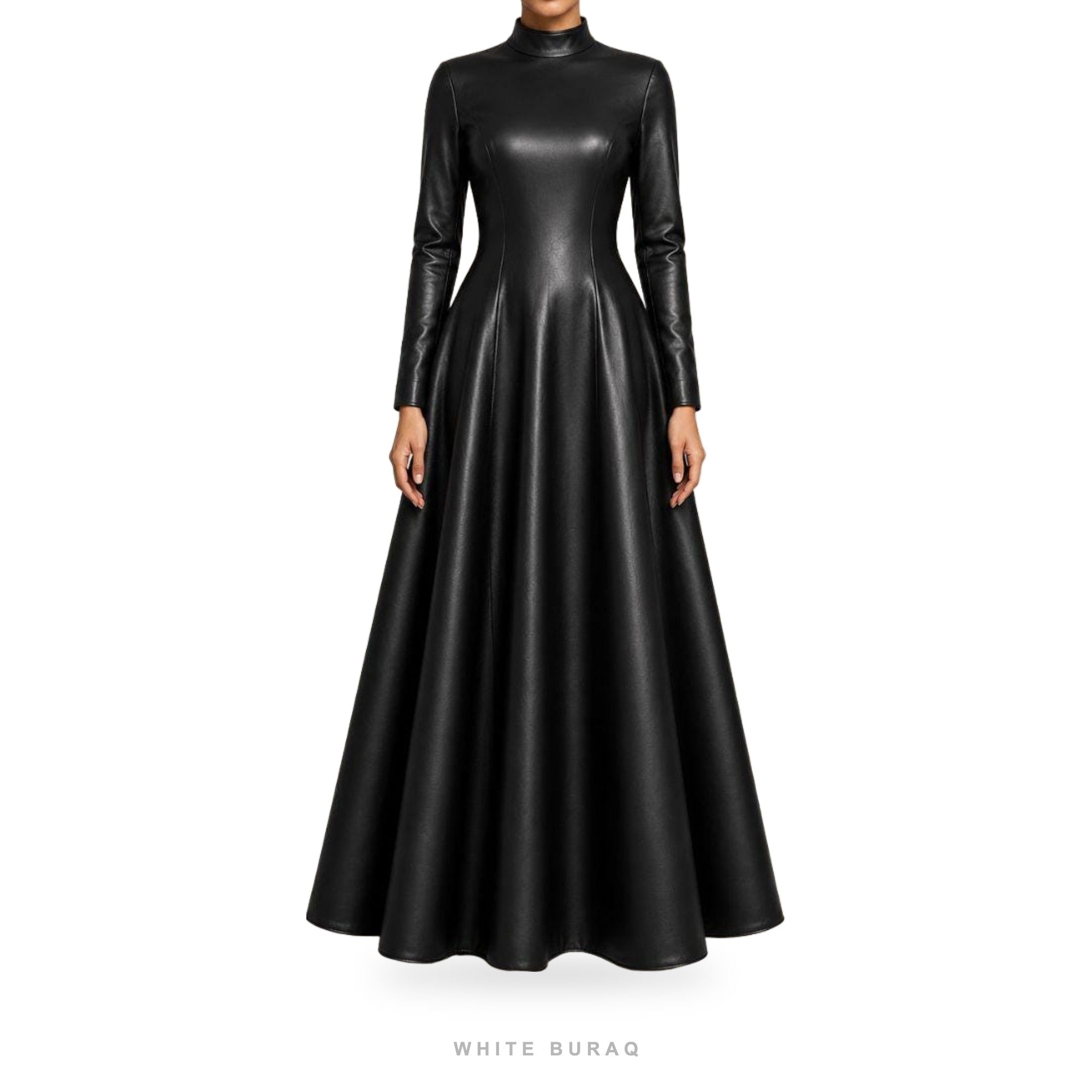 Women's Black Leather High-Neck Flared Maxi Gown – view 2
