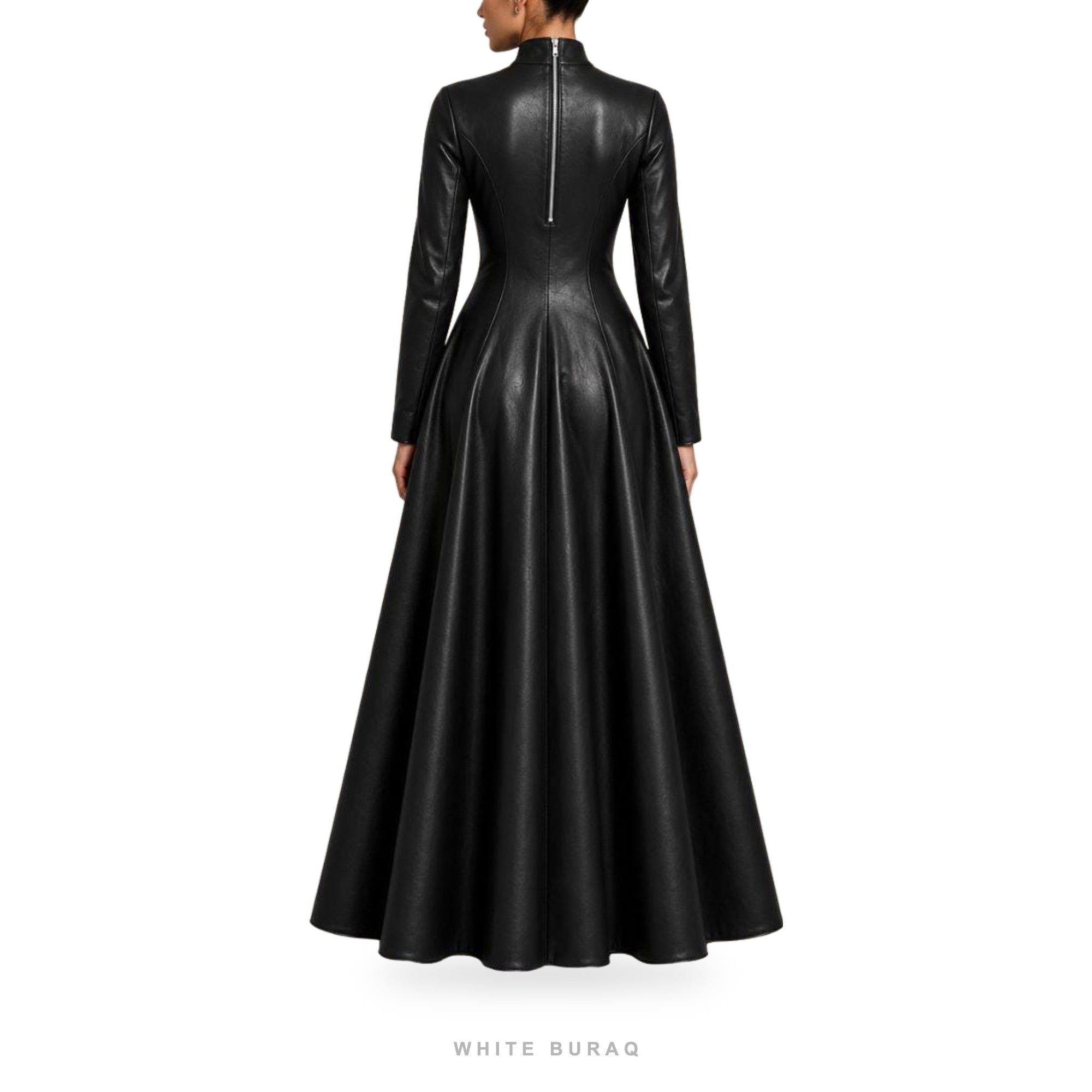 Women's Black Leather High-Neck Flared Maxi Gown – view 3