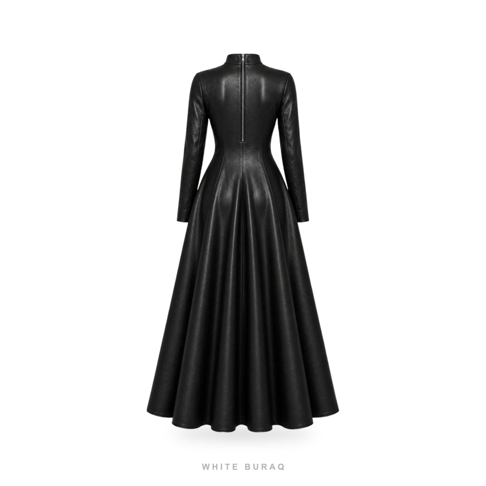 Women's Black Leather High-Neck Flared Maxi Gown – view 4