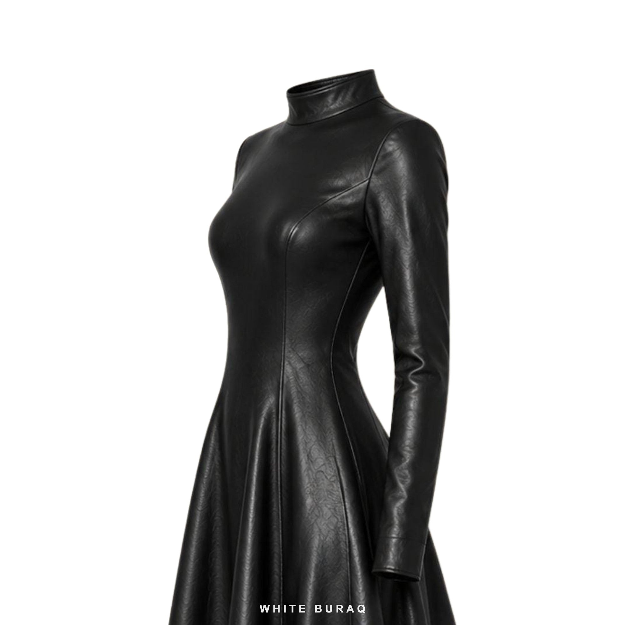 Women's Black Leather High-Neck Flared Maxi Gown – view 5