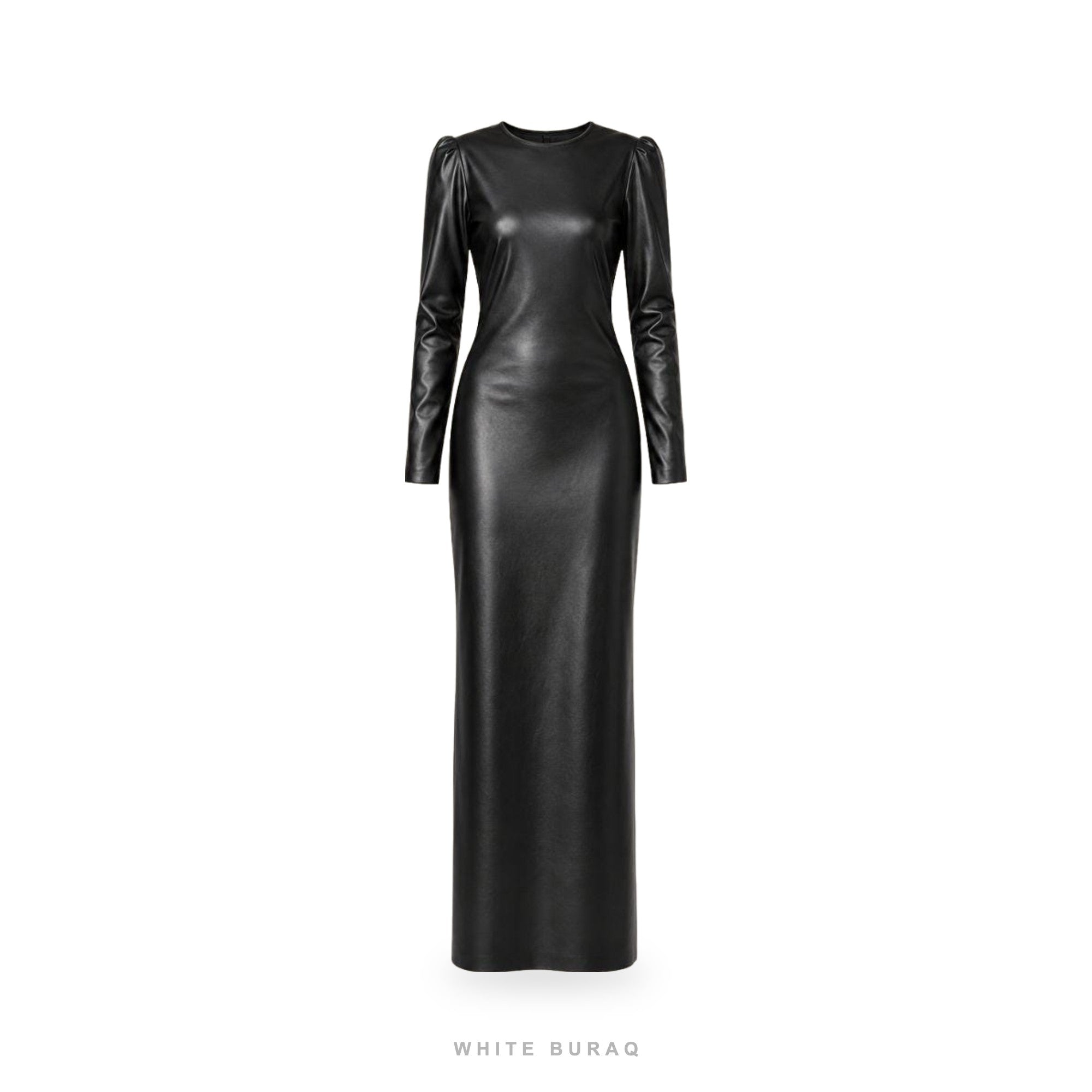 Women's Black Leather Long-Sleeve Column Maxi Dress