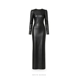 Women's Black Leather Long-Sleeve Column Maxi Dress