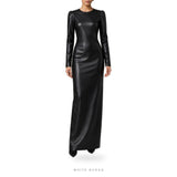 Women's Black Leather Long-Sleeve Column Maxi Dress – view 2