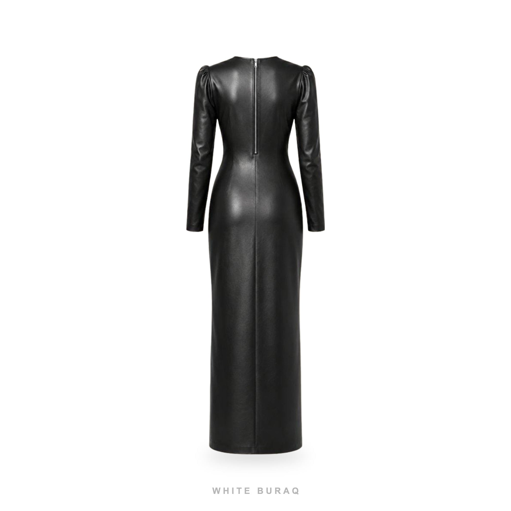 Women's Black Leather Long-Sleeve Column Maxi Dress – view 4