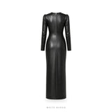 Women's Black Leather Long-Sleeve Column Maxi Dress – view 4