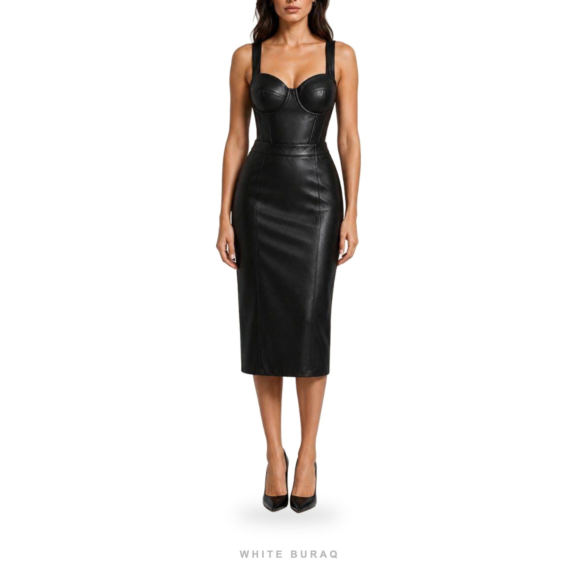 Women's Black Leather Corset Midi Dress – view 2