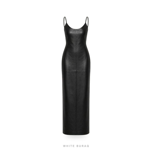 Women's Black Leather Sleeveless Bodycon Maxi Dress