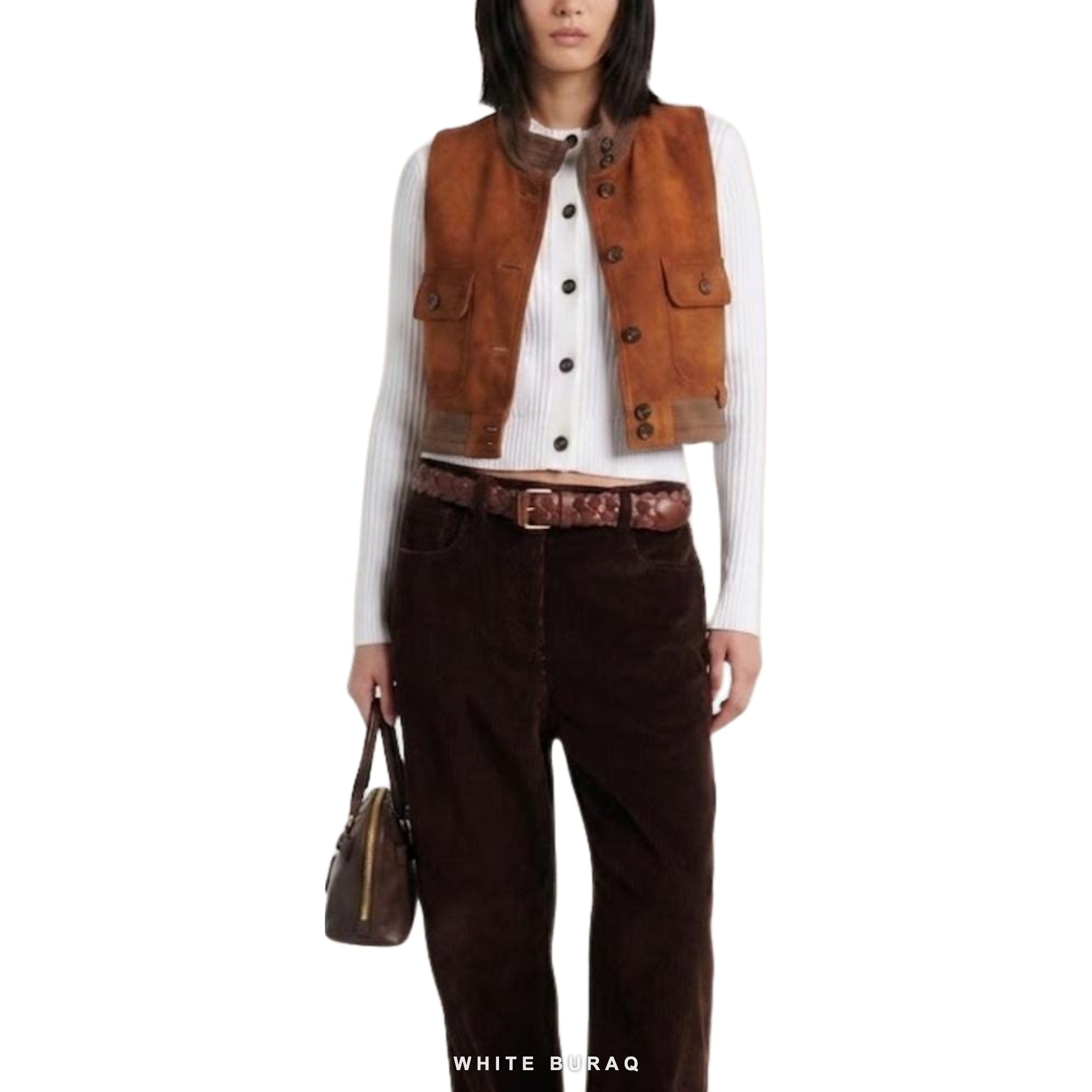 Women's Brown Suede Cropped Bomber Vest – view 3