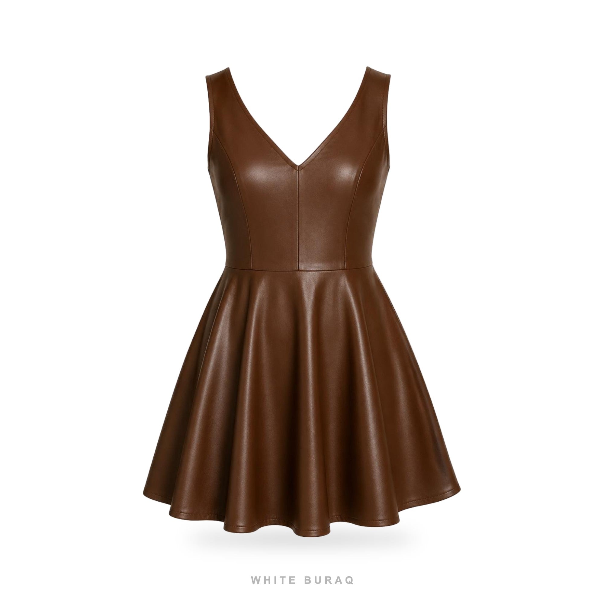 Women's Brown Leather V-Neck Skater Mini Dress