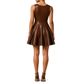 Women's Brown Leather V-Neck Skater Mini Dress – view 3
