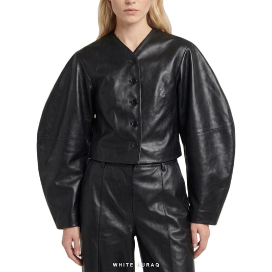 Women's Black Sheepskin Cropped Balloon-Sleeve Jacket
