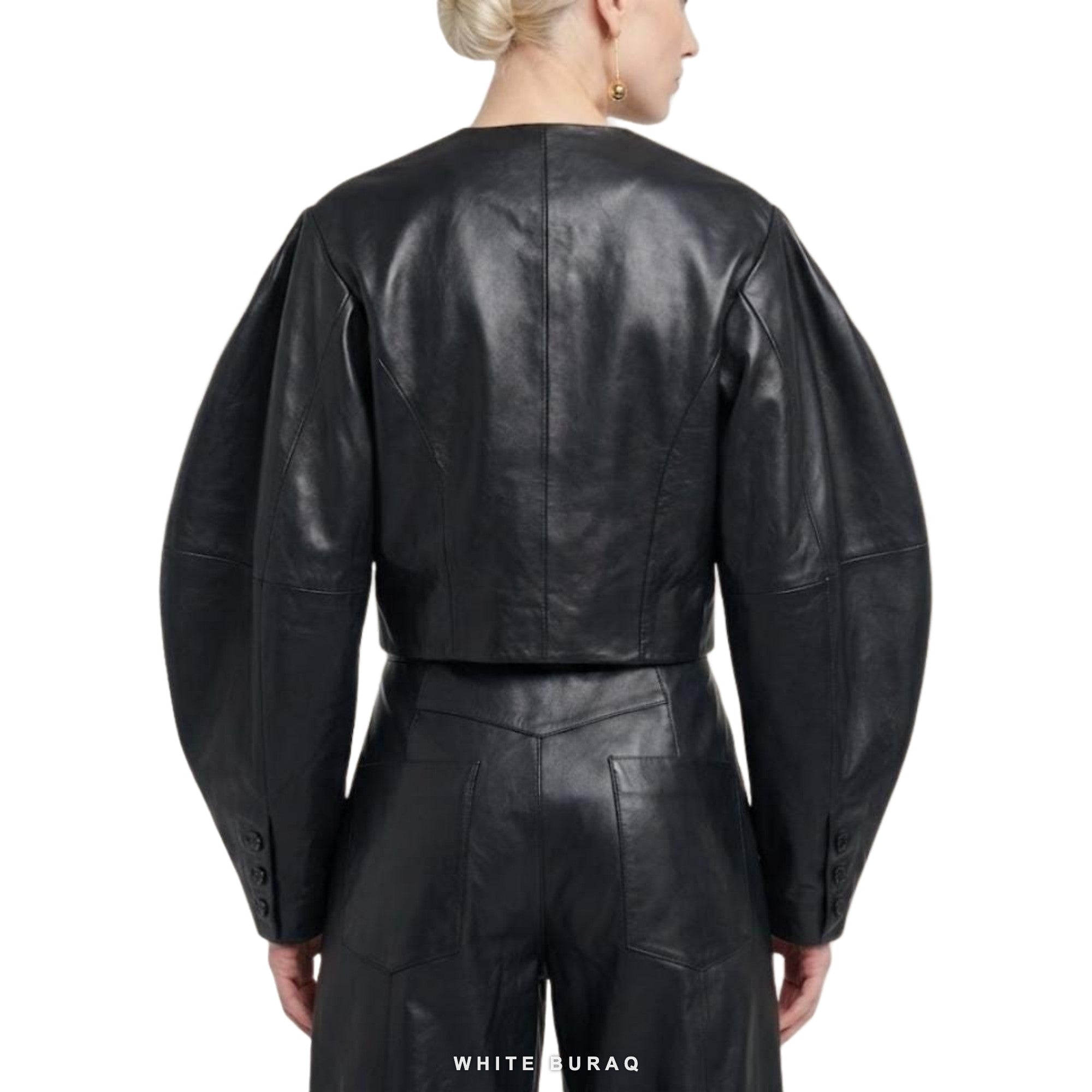 Women's Black Sheepskin Cropped Balloon-Sleeve Jacket – view 3