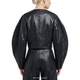 Women's Black Sheepskin Cropped Balloon-Sleeve Jacket – view 3