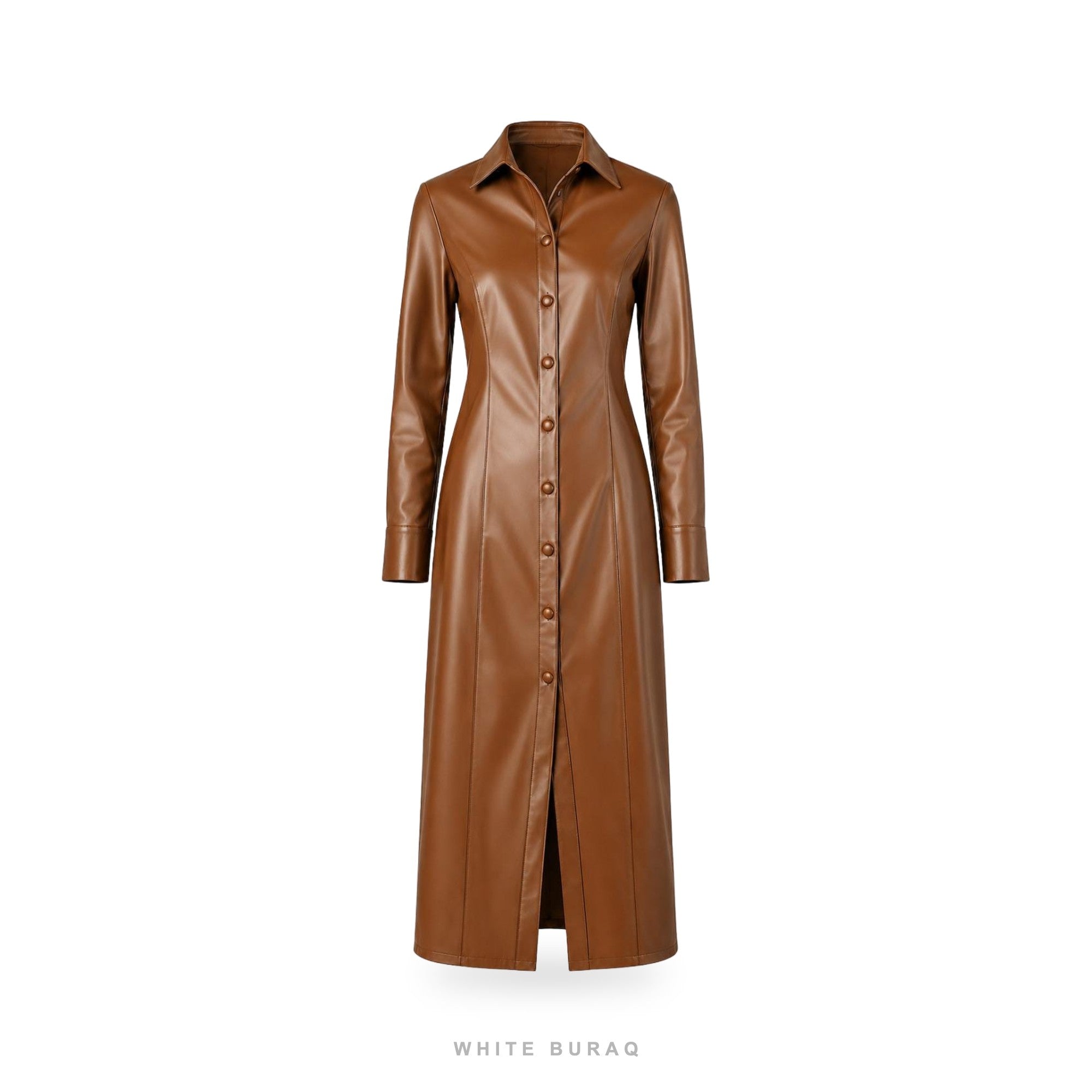 Women's Cognac Leather Button-Front Maxi Shirt Dress