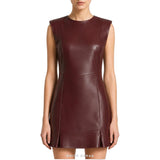 Women's Burgundy Leather Sleeveless Skater Mini Dress