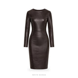 Women's Dark Brown Leather Long-Sleeve Pencil Dress