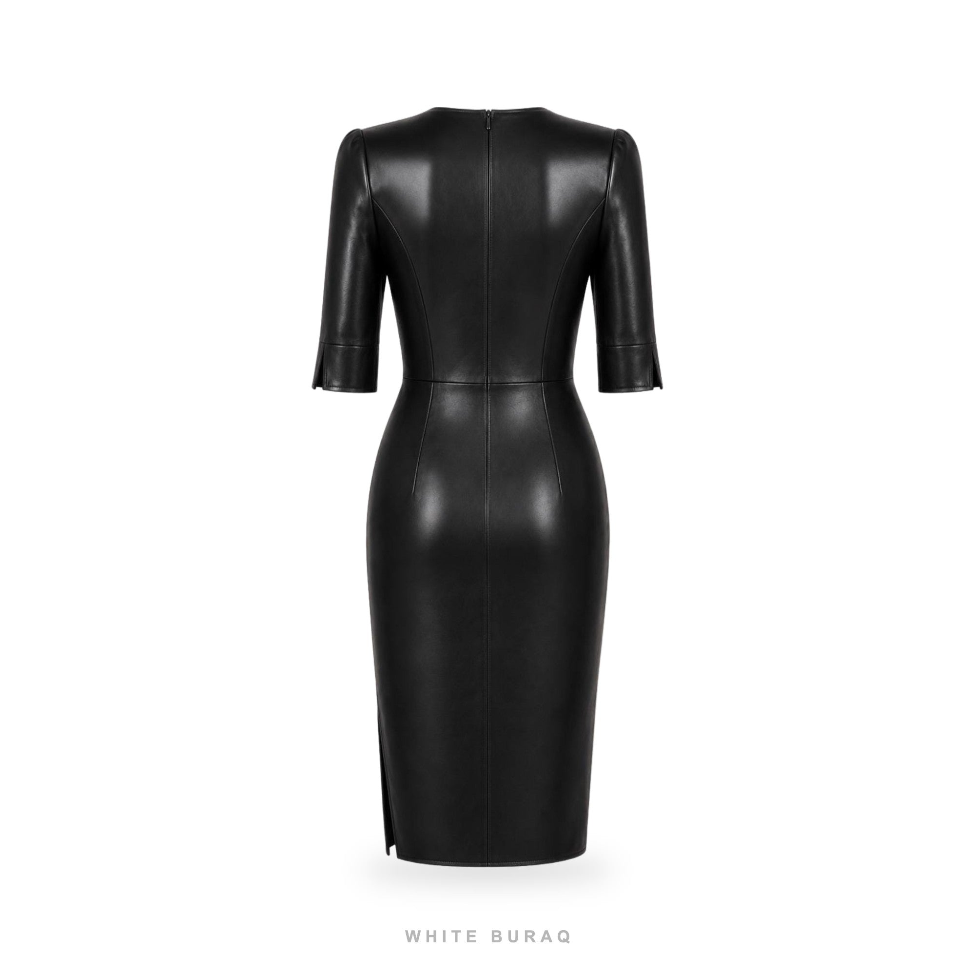 Women's Black Leather Split-Neck Pencil Midi Dress – view 4