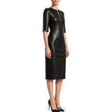 Women's Black Leather Split-Neck Pencil Midi Dress – view 5