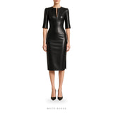 Women's Black Leather Split-Neck Pencil Midi Dress – view 6