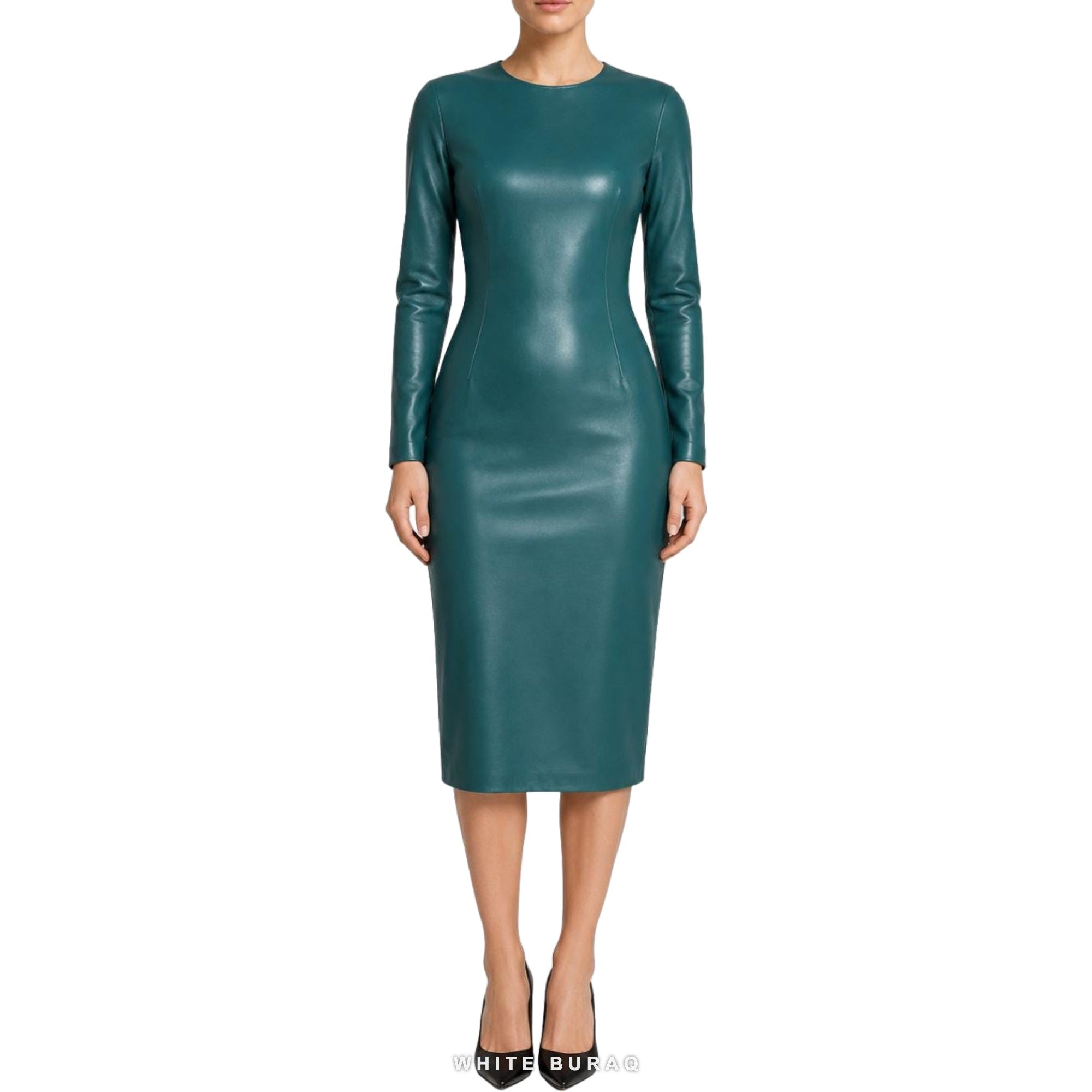 Women's Deep Teal Leather Long-Sleeve Pencil Dress – view 2