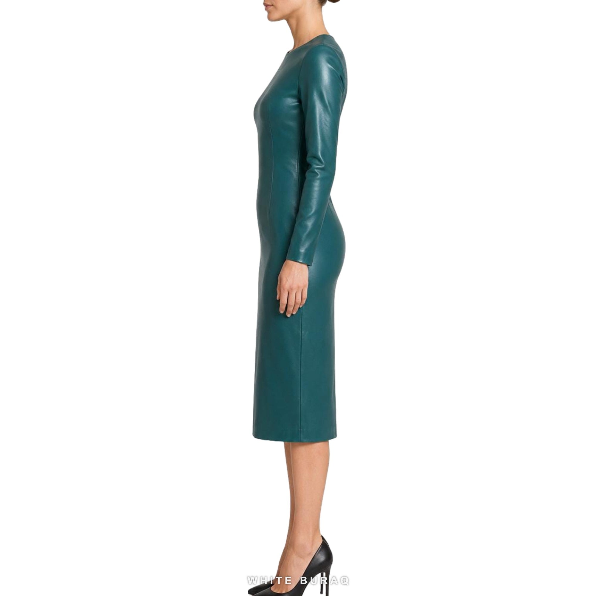 Women's Deep Teal Leather Long-Sleeve Pencil Dress – view 5