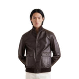 Men's Dark Brown Sheepskin High-Neck Bomber Jacket