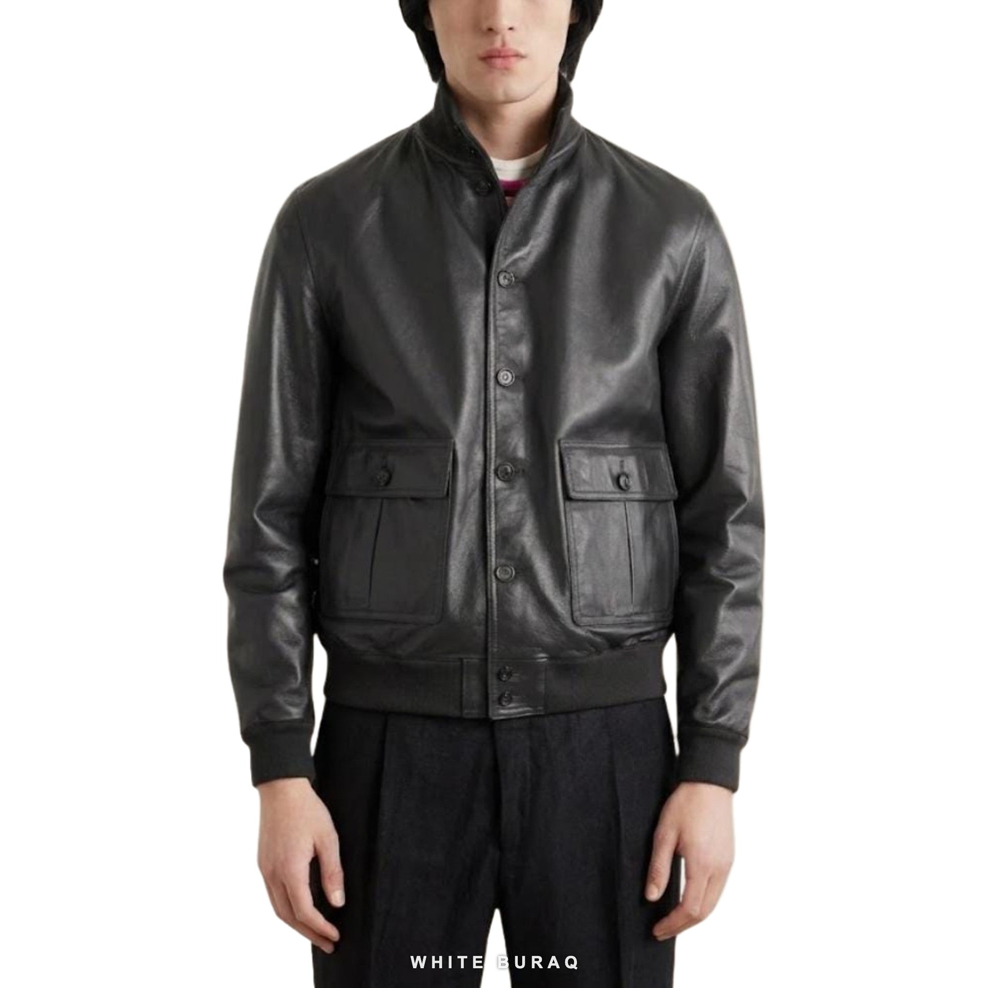 Men's Black Sheepskin High-Neck Bomber Jacket