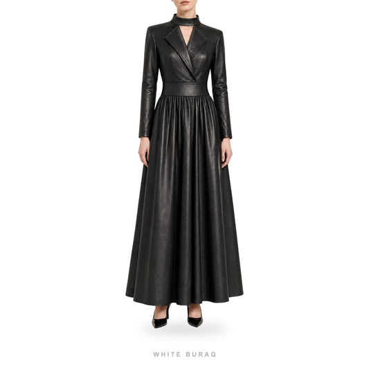 Women's Black Leather Choker-Neck A-Line Maxi Dress