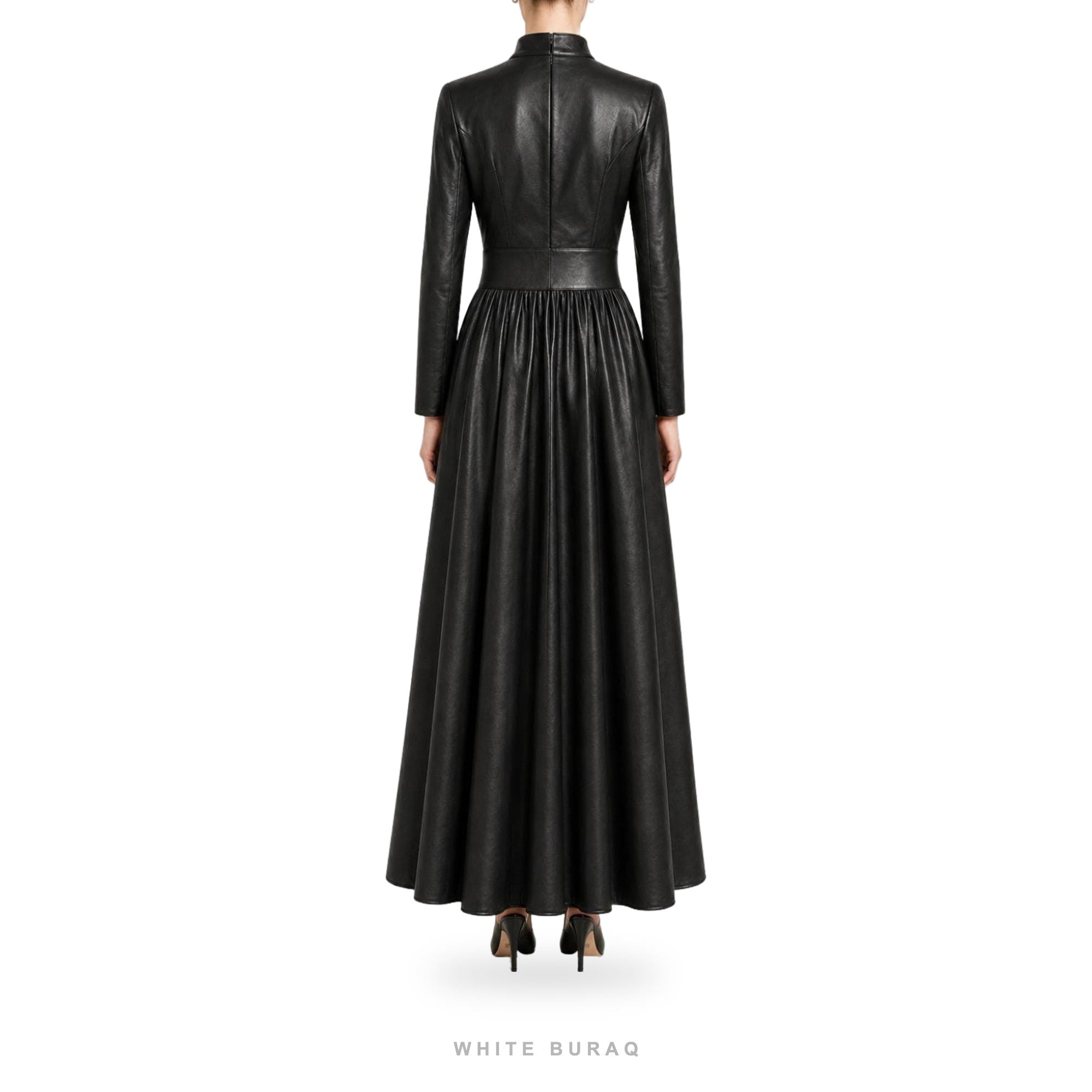 Women's Black Leather Choker-Neck A-Line Maxi Dress – view 3