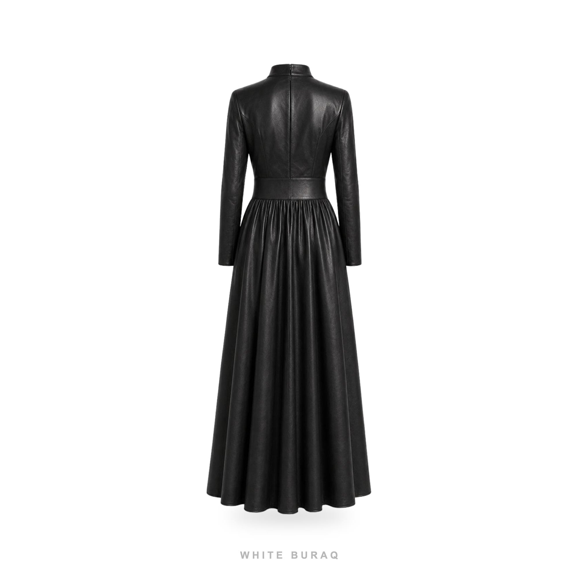 Women's Black Leather Choker-Neck A-Line Maxi Dress – view 5