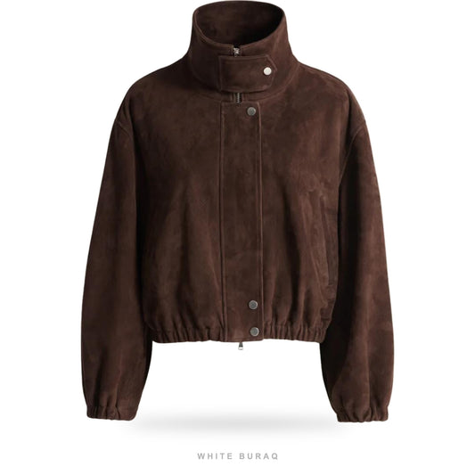 Women's Dark Brown Suede Oversized Funnel-Neck Bomber